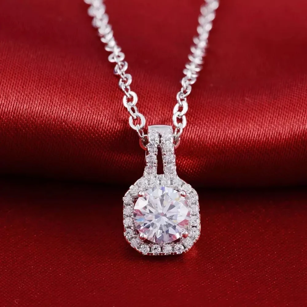 New Silver Hexagon Round Diamond Necklace - Picture 1 of 4
